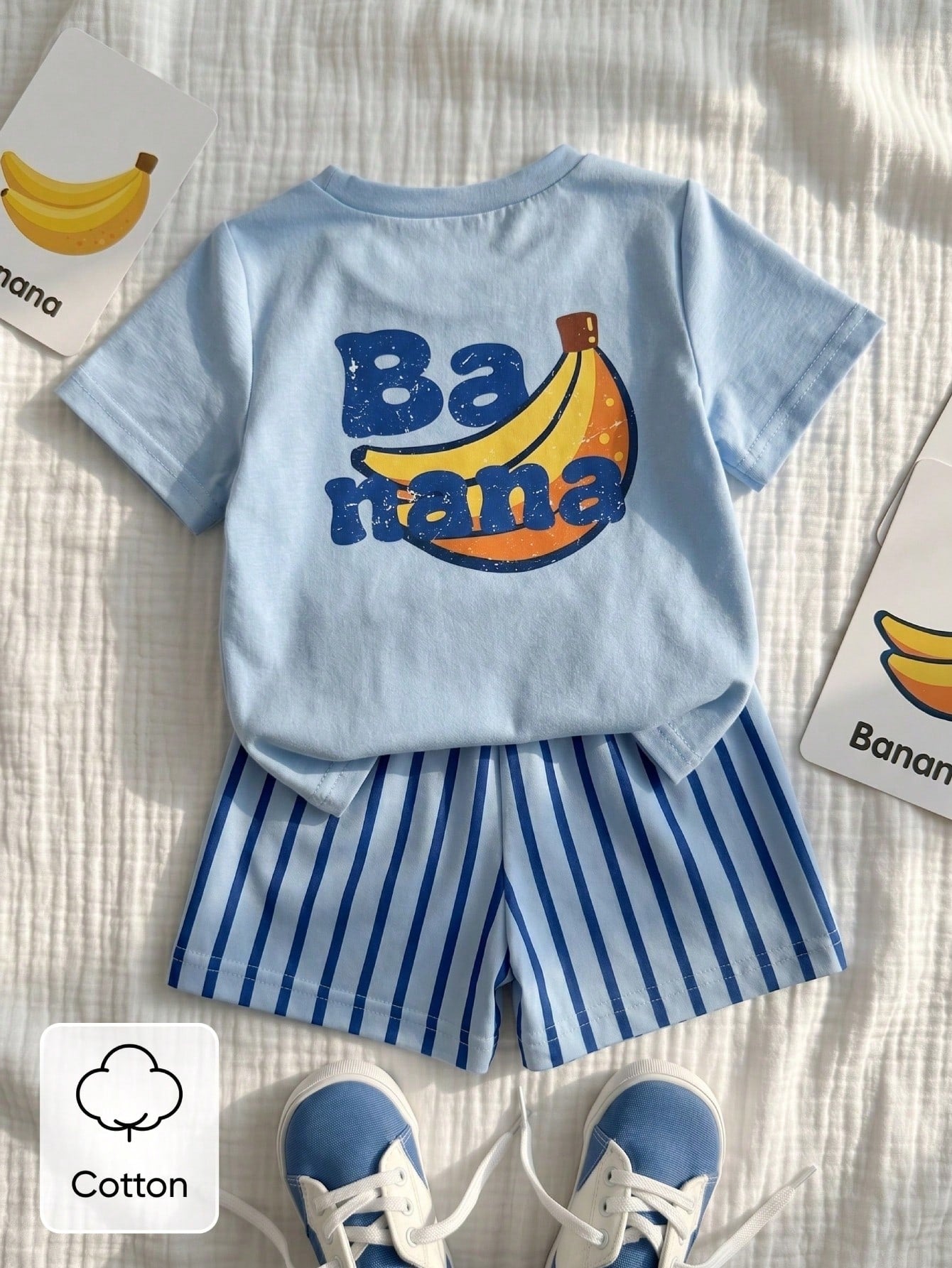 Vintaside Kids 2pcs Infant Toddler Baby Boys' T-Shirt Set Cute Banana Fruit Print Light Blue Summer Casual Outfit Beach Holiday Plaid Clothes Fashionable Boy Sets