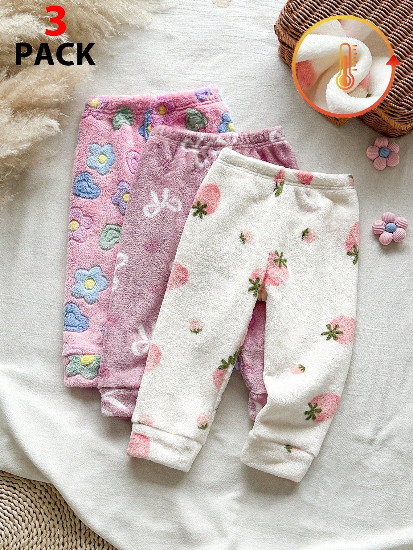 Vintaside Kids 3pcs/Pack Girls' Autumn/Winter Multi-Color Sweet Soft Fleece Lined Thickened Long Pants, Bowknot Heart/ Strawberry/ Colorful Floral 3 Print Options, High Waist Elastic Waist Cuffed Ca