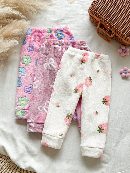 Vintaside Kids 3pcs/Pack Girls' Autumn/Winter Multi-Color Sweet Soft Fleece Lined Thickened Long Pants, Bowknot Heart/ Strawberry/ Colorful Floral 3 Print Options, High Waist Elastic Waist Cuffed Ca