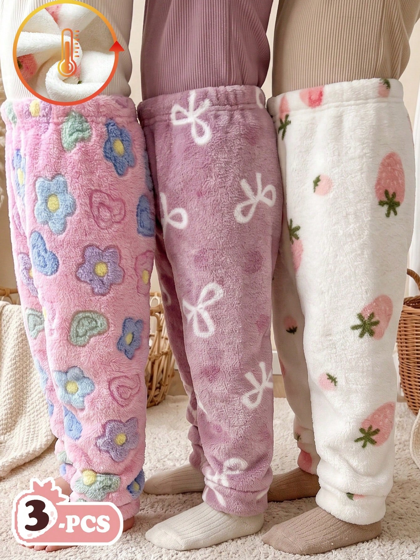 Vintaside Kids 3pcs/Pack Girls' Autumn/Winter Multi-Color Sweet Soft Fleece Lined Thickened Long Pants, Bowknot Heart/ Strawberry/ Colorful Floral 3 Print Options, High Waist Elastic Waist Cuffed Ca
