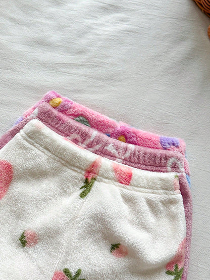 Vintaside Kids 3pcs/Pack Girls' Autumn/Winter Multi-Color Sweet Soft Fleece Lined Thickened Long Pants, Bowknot Heart/ Strawberry/ Colorful Floral 3 Print Options, High Waist Elastic Waist Cuffed Ca