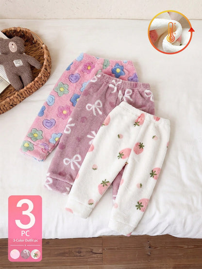 Vintaside Kids 3pcs/Pack Girls' Autumn/Winter Multi-Color Sweet Soft Fleece Lined Thickened Long Pants, Bowknot Heart/ Strawberry/ Colorful Floral 3 Print Options, High Waist Elastic Waist Cuffed Ca