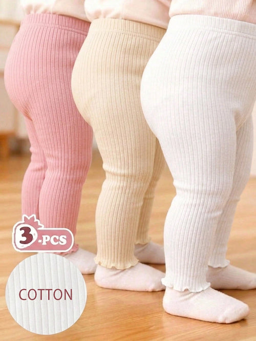 Vintaside Kids 3pcs/Set Baby Girls' Leggings Pink And White Striped Autumn Casual Holiday Summer Solid Color Pants Minimalist Sweet Style Straight Loose Fit