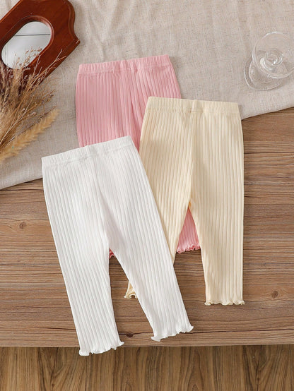 Vintaside Kids 3pcs/Set Baby Girls' Leggings Pink And White Striped Autumn Casual Holiday Summer Solid Color Pants Minimalist Sweet Style Straight Loose Fit