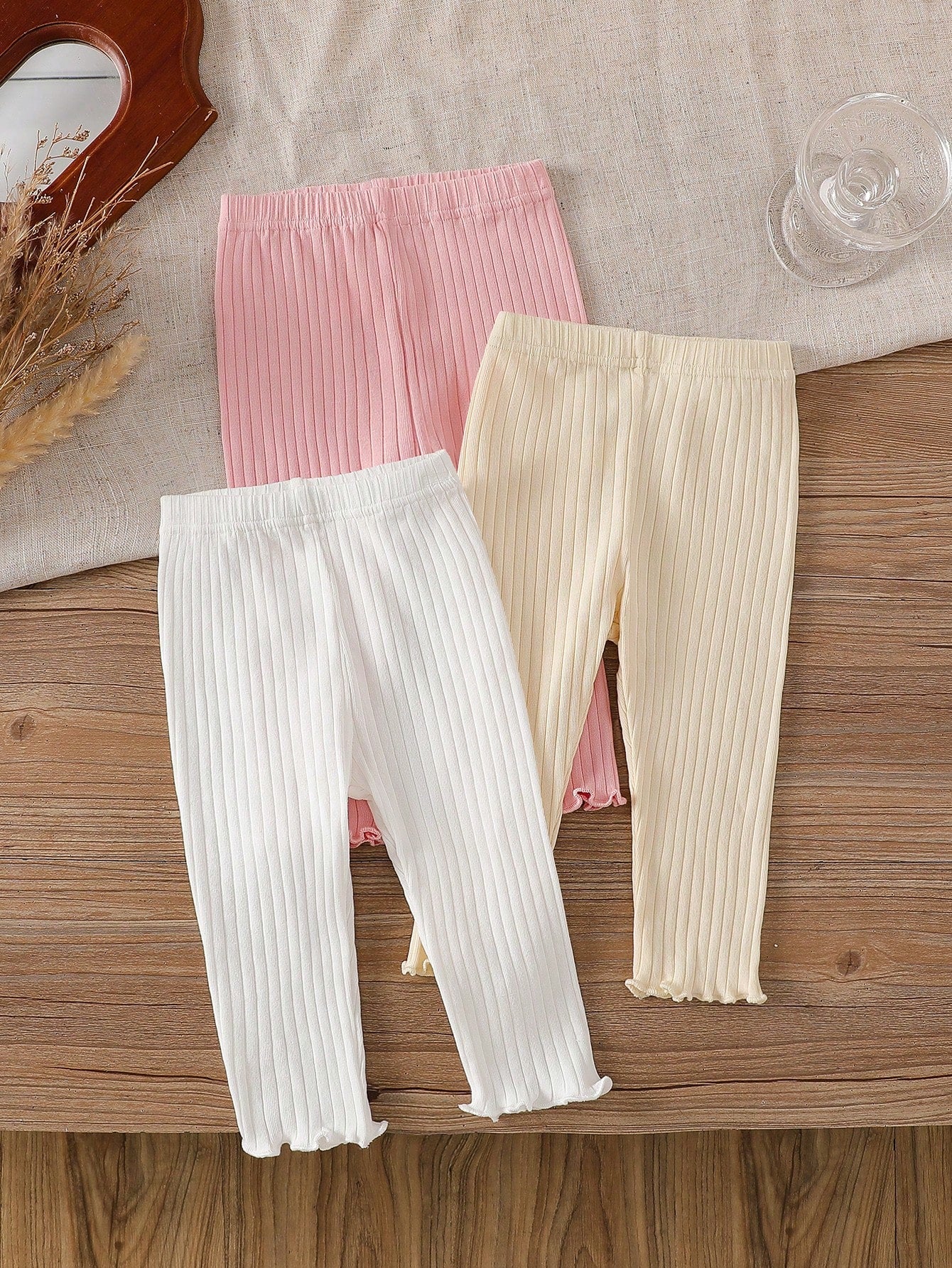 Vintaside Kids 3pcs/Set Baby Girls' Leggings Pink And White Striped Autumn Casual Holiday Summer Solid Color Pants Minimalist Sweet Style Straight Loose Fit