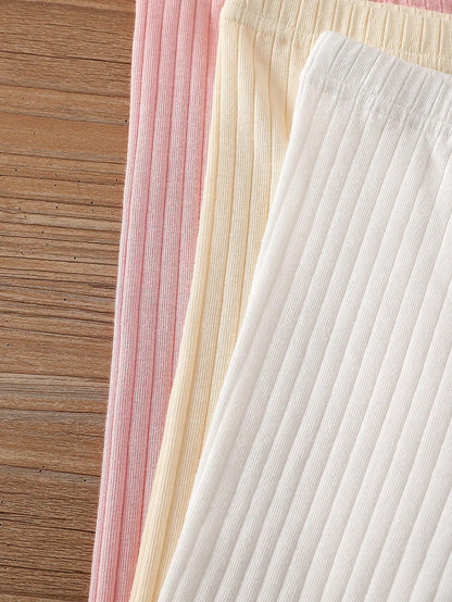 Vintaside Kids 3pcs/Set Baby Girls' Leggings Pink And White Striped Autumn Casual Holiday Summer Solid Color Pants Minimalist Sweet Style Straight Loose Fit
