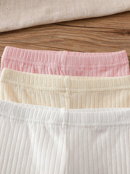 Vintaside Kids 3pcs/Set Baby Girls' Leggings Pink And White Striped Autumn Casual Holiday Summer Solid Color Pants Minimalist Sweet Style Straight Loose Fit