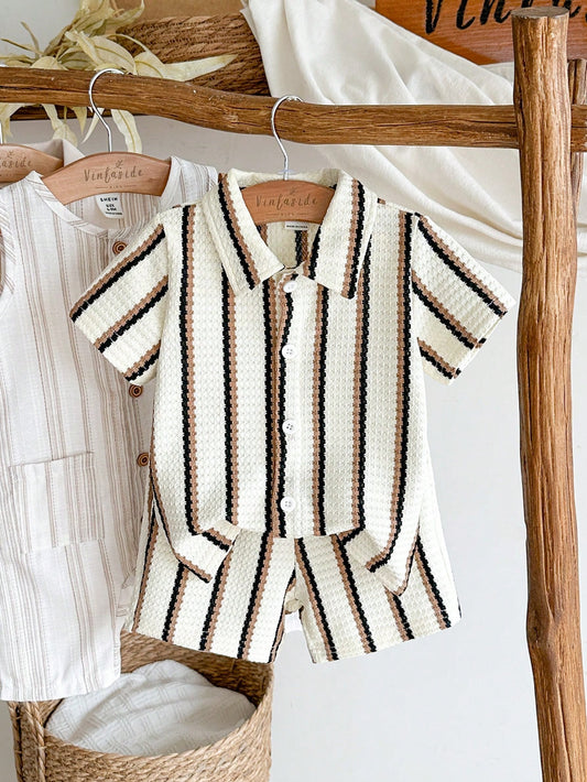 Vintaside Kids Baby Boy 2pcs Set Summer Casual Vacation Black And White Checkered Striped Lapel Short-Sleeved Shirt And Shorts For Daily Outing Holiday