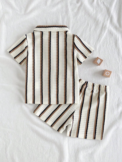 Vintaside Kids Baby Boy 2pcs Set Summer Casual Vacation Black And White Checkered Striped Lapel Short-Sleeved Shirt And Shorts For Daily Outing Holiday
