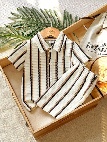 Vintaside Kids Baby Boy 2pcs Set Summer Casual Vacation Black And White Checkered Striped Lapel Short-Sleeved Shirt And Shorts For Daily Outing Holiday