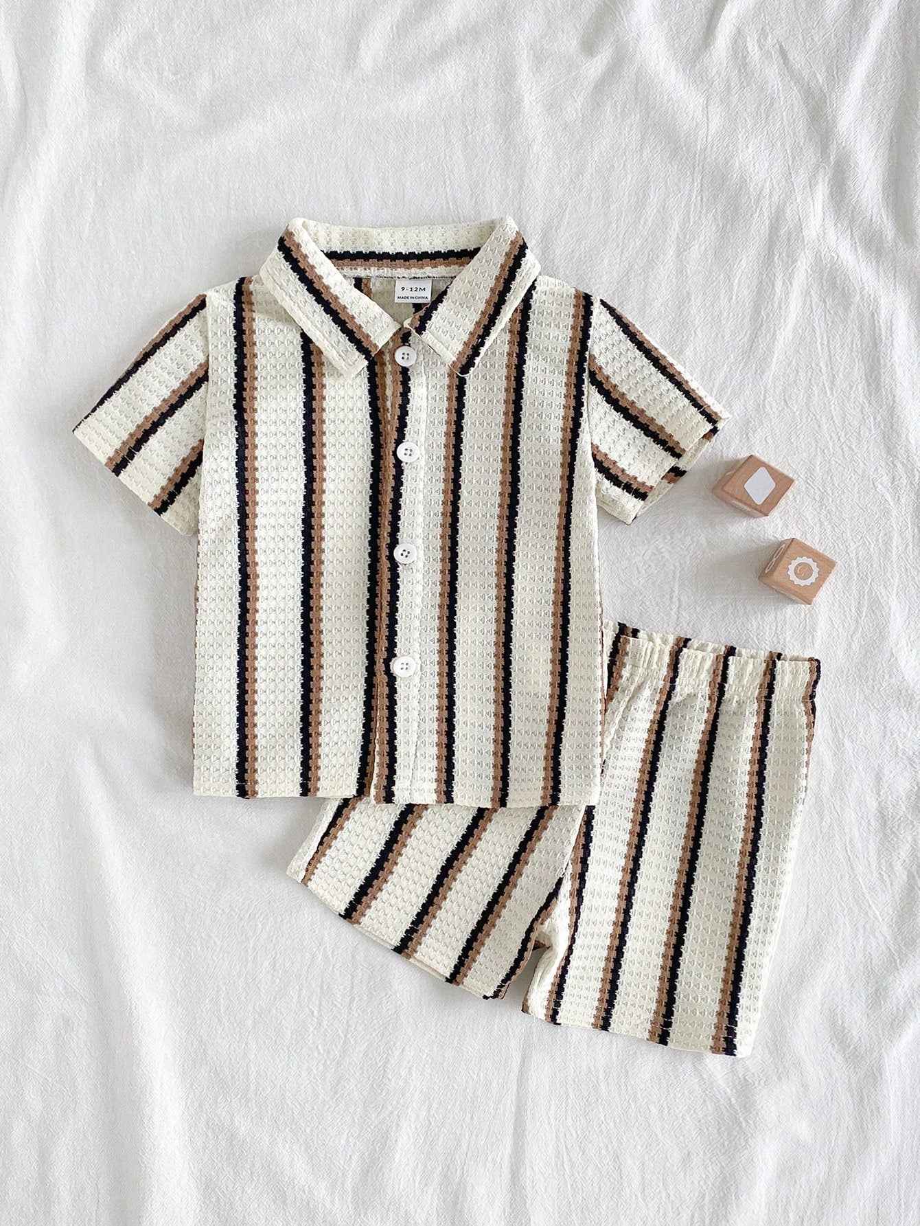 Vintaside Kids Baby Boy 2pcs Set Summer Casual Vacation Black And White Checkered Striped Lapel Short-Sleeved Shirt And Shorts For Daily Outing Holiday