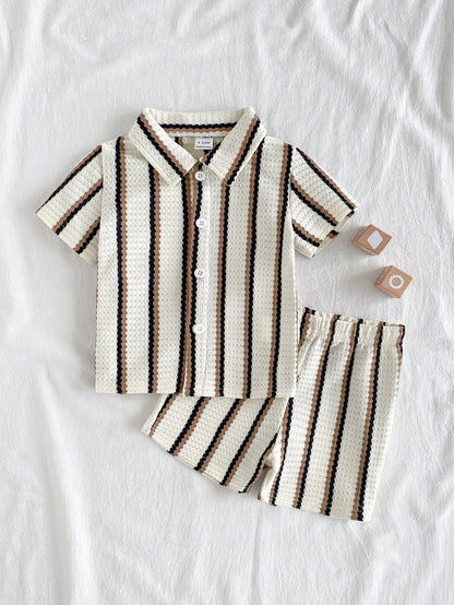 Vintaside Kids Baby Boy 2pcs Set Summer Casual Vacation Black And White Checkered Striped Lapel Short-Sleeved Shirt And Shorts For Daily Outing Holiday