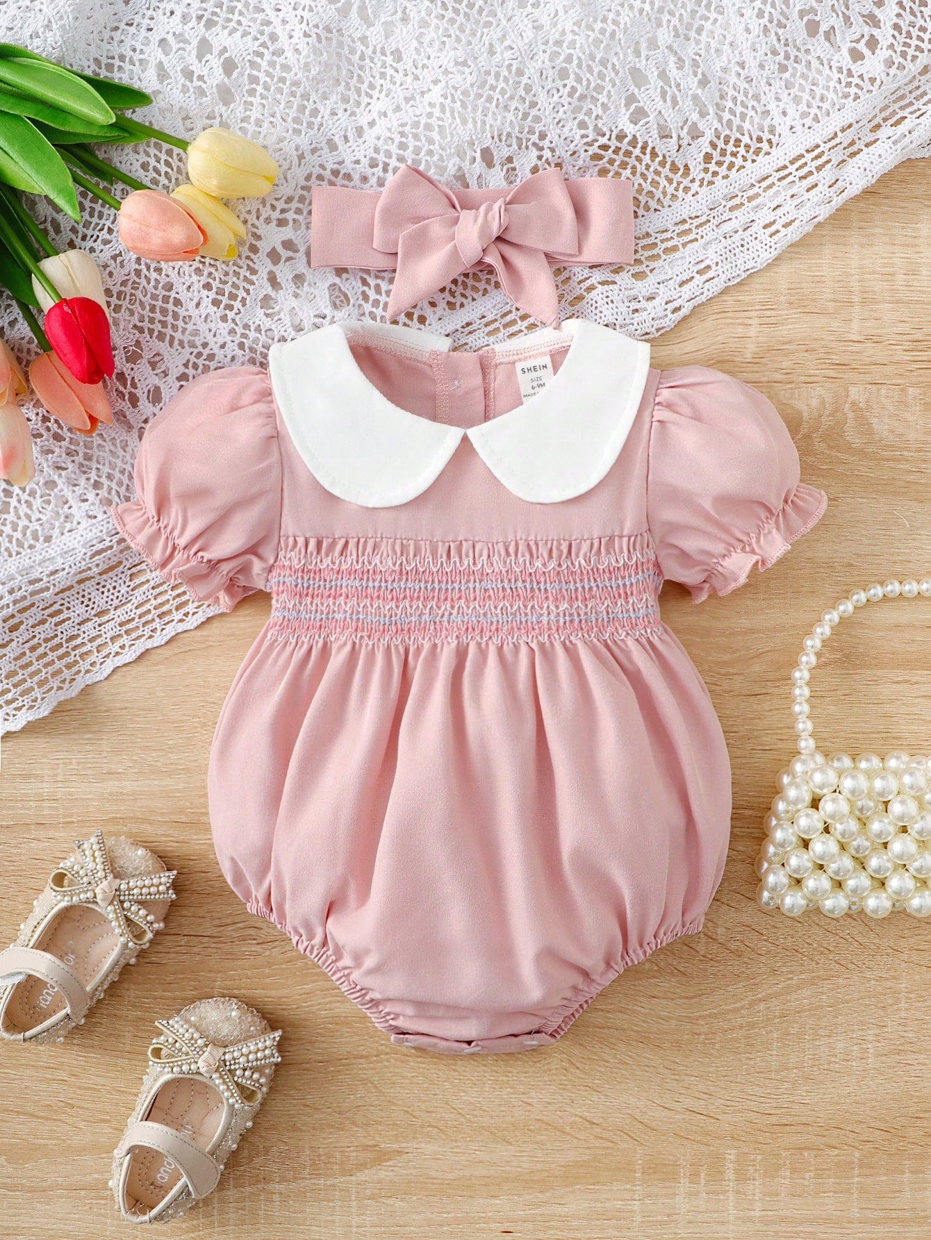Vintaside Kids Baby Girl Contrast Peter Pan Collar Puff Sleeve Bodysuit & Headband