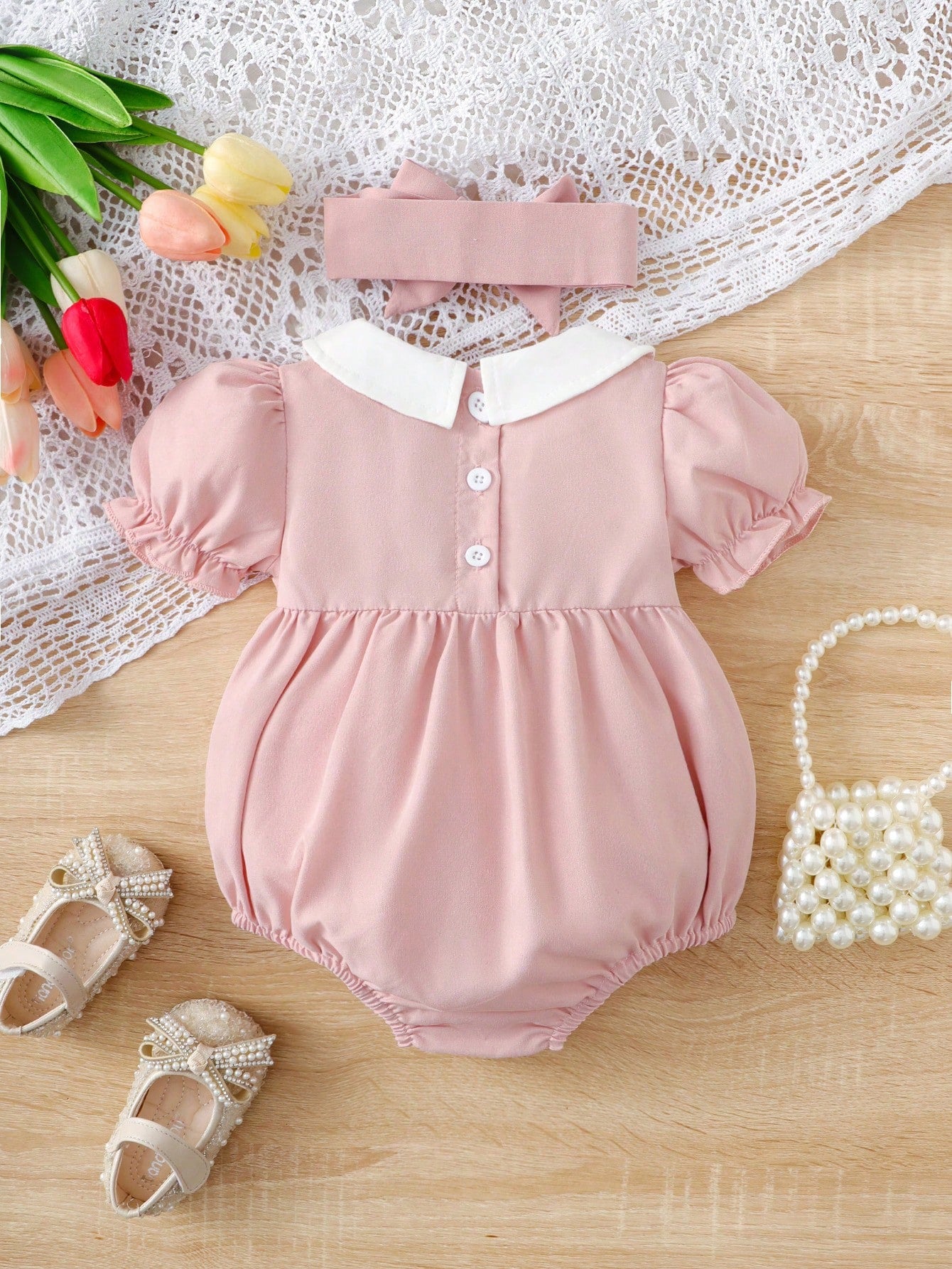 Vintaside Kids Baby Girl Contrast Peter Pan Collar Puff Sleeve Bodysuit & Headband