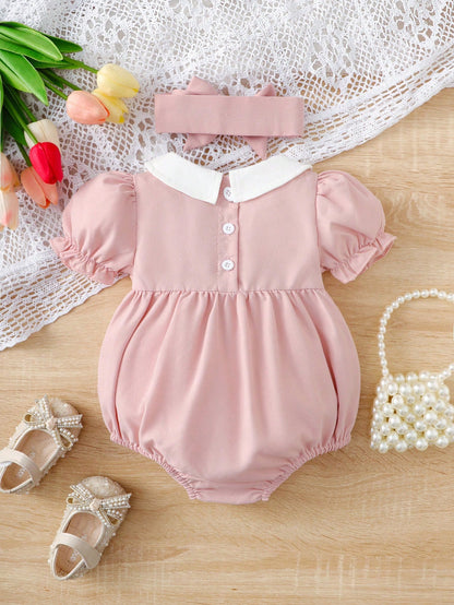 Vintaside Kids Baby Girl Contrast Peter Pan Collar Puff Sleeve Bodysuit & Headband