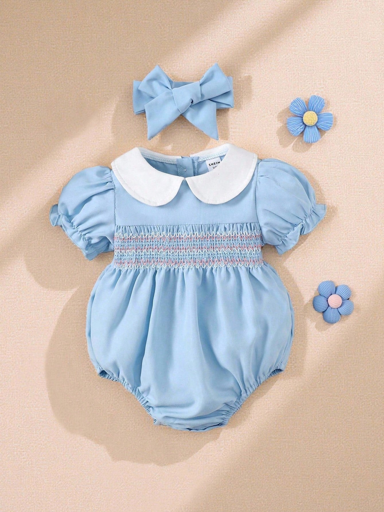 Vintaside Kids Baby Girl Contrast Peter Pan Collar Puff Sleeve Bodysuit & Headband