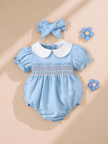 Vintaside Kids Baby Girl Contrast Peter Pan Collar Puff Sleeve Bodysuit & Headband