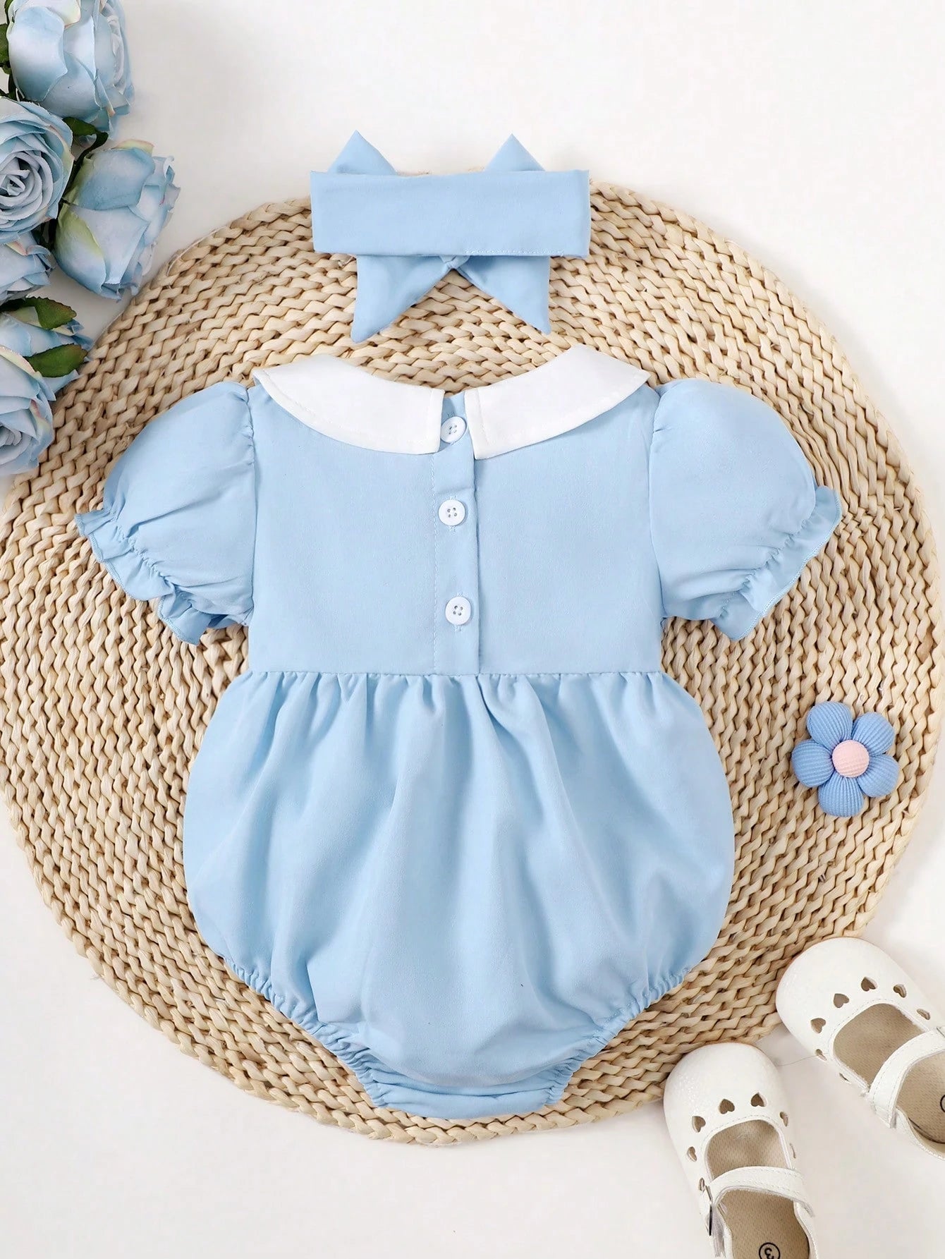 Vintaside Kids Baby Girl Contrast Peter Pan Collar Puff Sleeve Bodysuit & Headband