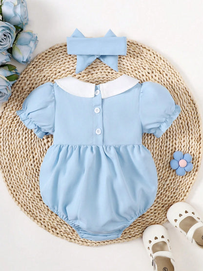 Vintaside Kids Baby Girl Contrast Peter Pan Collar Puff Sleeve Bodysuit & Headband