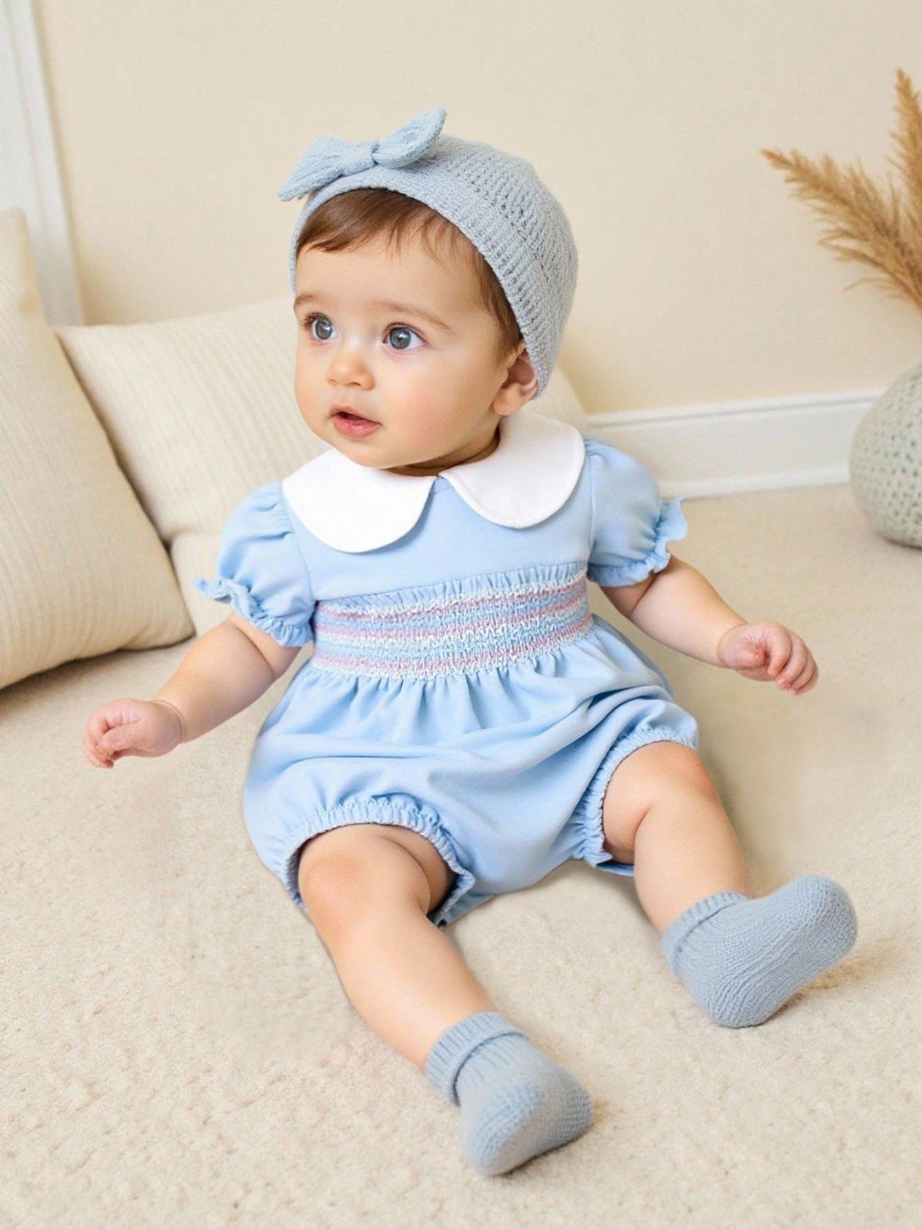Vintaside Kids Baby Girl Contrast Peter Pan Collar Puff Sleeve Bodysuit & Headband