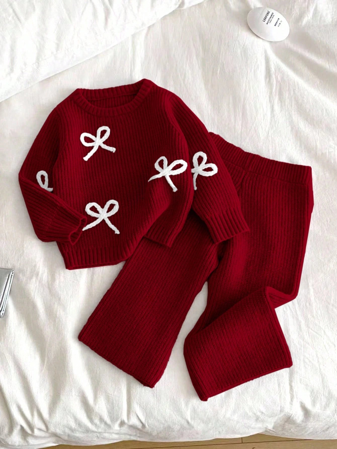 Vintaside Kids Baby Girl Dark Red Bow Decor Sweater & Knit Pants Set,Cute Autumn Winter Two Pieces Outfit,Matching Family Warm Long Sleeve Knitwear Fall Clothes