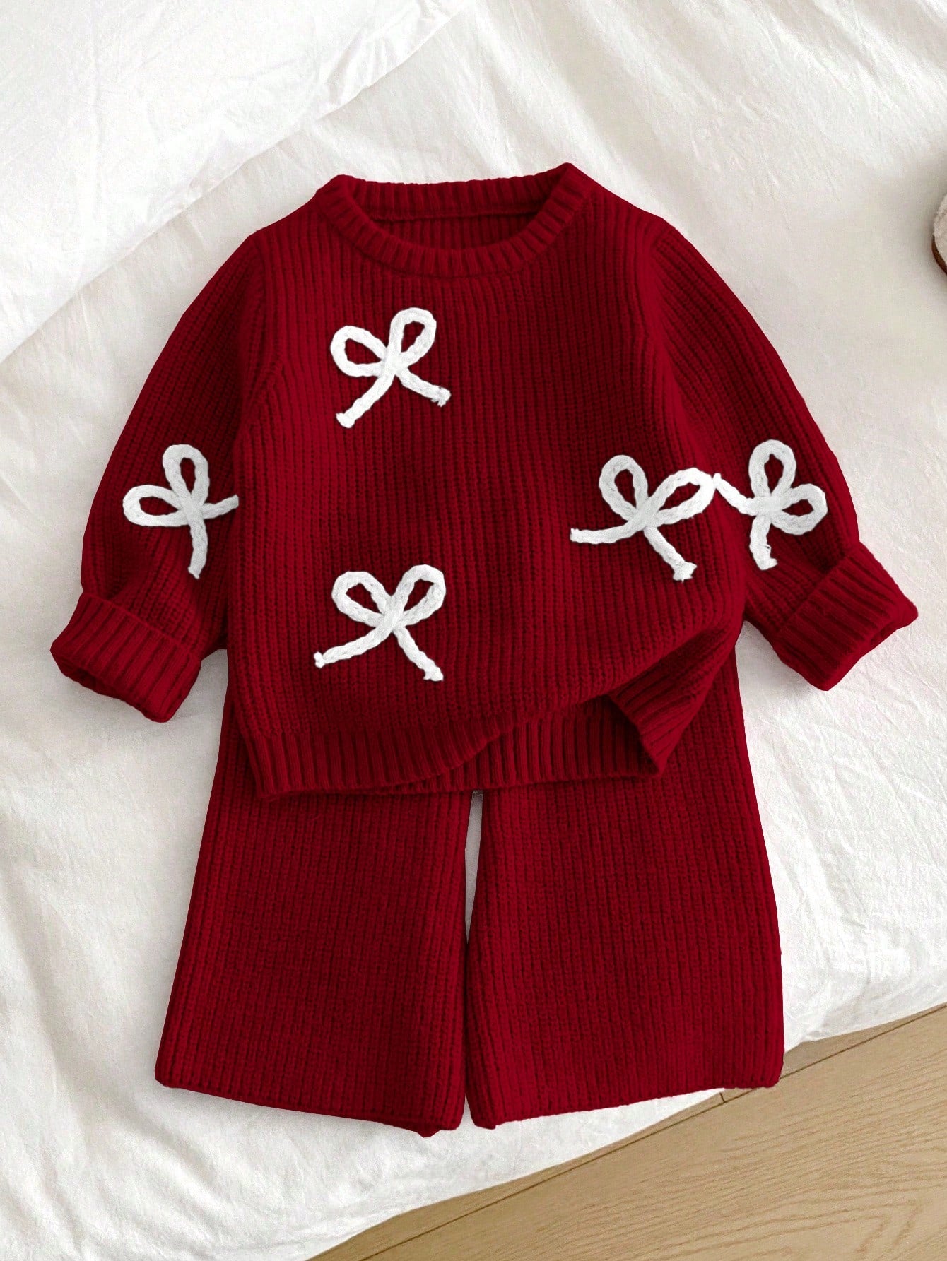 Vintaside Kids Baby Girl Dark Red Bow Decor Sweater & Knit Pants Set,Cute Autumn Winter Two Pieces Outfit,Matching Family Warm Long Sleeve Knitwear Fall Clothes