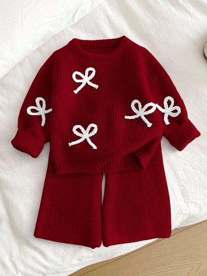 Vintaside Kids Baby Girl Dark Red Bow Decor Sweater & Knit Pants Set,Cute Autumn Winter Two Pieces Outfit,Matching Family Warm Long Sleeve Knitwear Fall Clothes