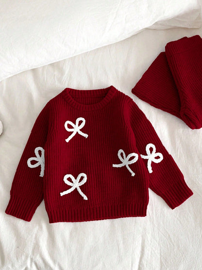 Vintaside Kids Baby Girl Dark Red Bow Decor Sweater & Knit Pants Set,Cute Autumn Winter Two Pieces Outfit,Matching Family Warm Long Sleeve Knitwear Fall Clothes
