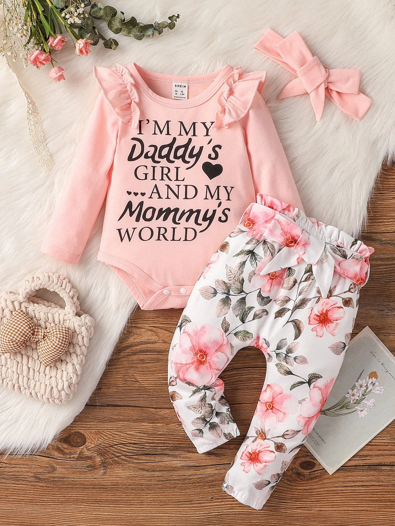 Vintaside Kids Baby Girl Ruffle Trim Bodysuit Floral Print Paper Bag Waist Belted Pants With Headband Family Matching Pink And Black Light Pink Autumn Cute