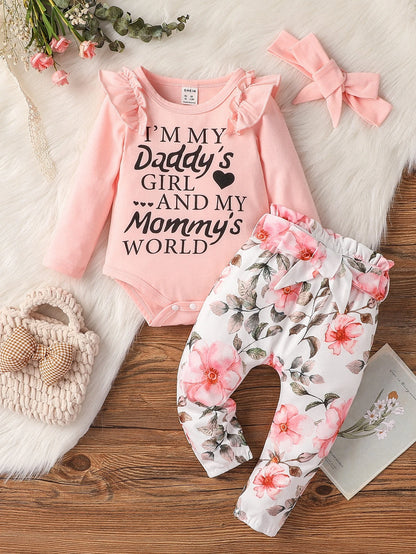 Vintaside Kids Baby Girl Ruffle Trim Bodysuit Floral Print Paper Bag Waist Belted Pants With Headband Family Matching Pink And Black Light Pink Autumn Cute