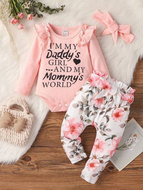 Vintaside Kids Baby Girl Ruffle Trim Bodysuit Floral Print Paper Bag Waist Belted Pants With Headband Family Matching Pink And Black Light Pink Autumn Cute
