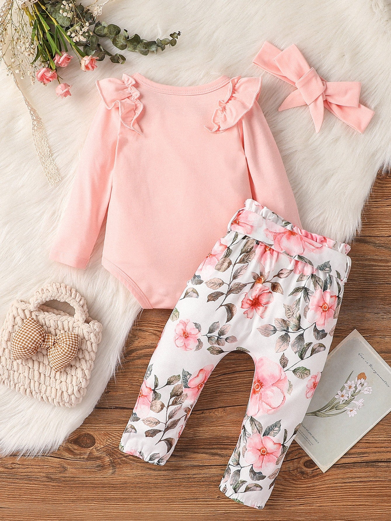 Vintaside Kids Baby Girl Ruffle Trim Bodysuit Floral Print Paper Bag Waist Belted Pants With Headband Family Matching Pink And Black Light Pink Autumn Cute