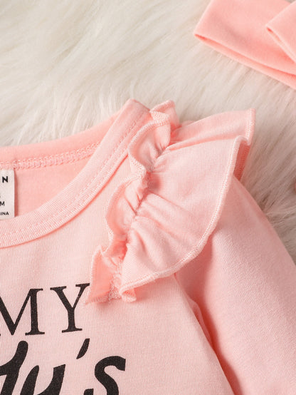 Vintaside Kids Baby Girl Ruffle Trim Bodysuit Floral Print Paper Bag Waist Belted Pants With Headband Family Matching Pink And Black Light Pink Autumn Cute