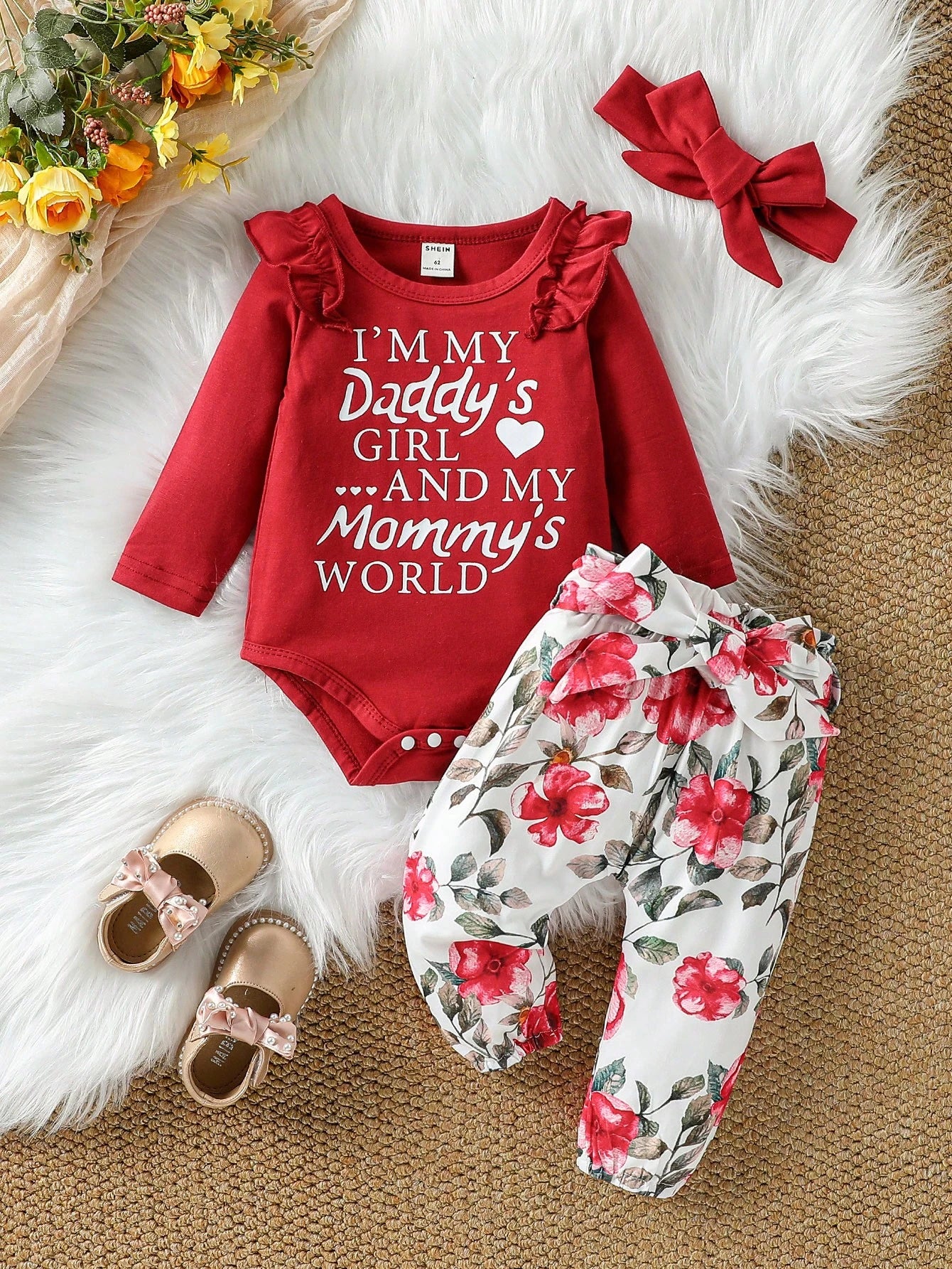Vintaside Kids Baby Girl Ruffle Trim Bodysuit Floral Print Paper Bag Waist Belted Pants With Headband Family Matching Pink And Black Light Pink Autumn Cute