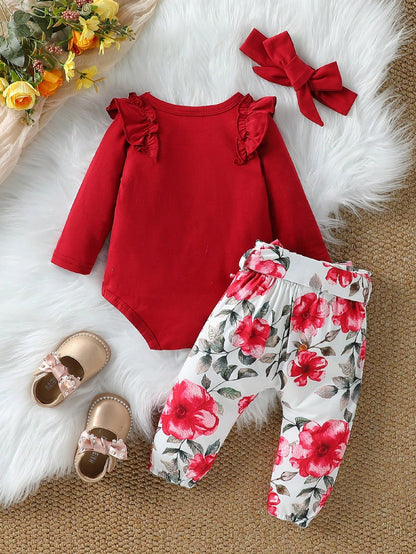 Vintaside Kids Baby Girl Ruffle Trim Bodysuit Floral Print Paper Bag Waist Belted Pants With Headband Family Matching Pink And Black Light Pink Autumn Cute