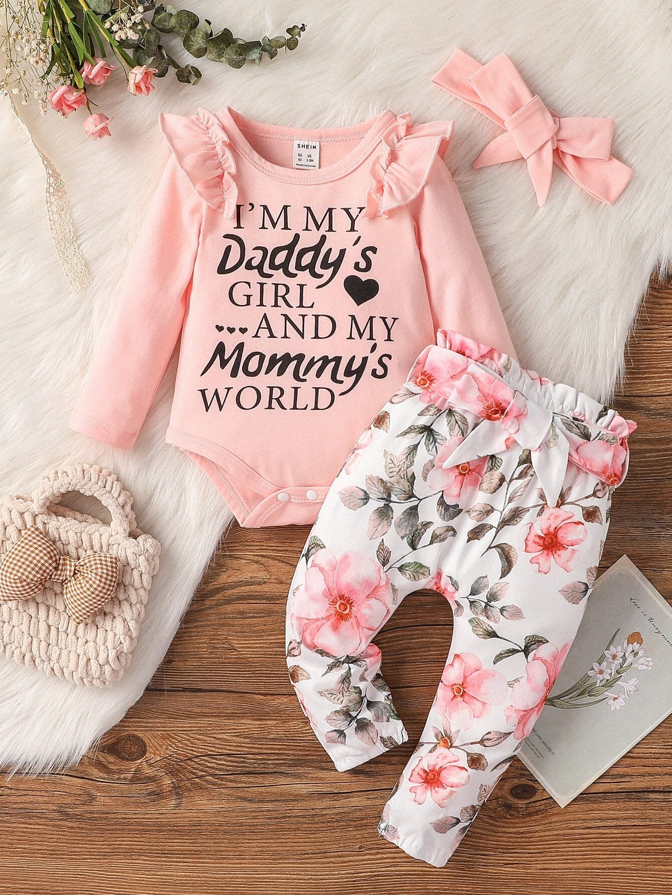 Vintaside Kids Baby Girl Ruffle Trim Bodysuit Floral Print Paper Bag Waist Belted Pants With Headband Family Matching Pink And Black Light Pink Autumn Cute