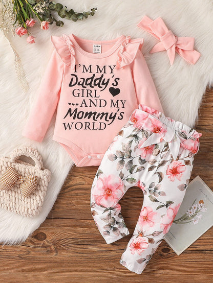 Vintaside Kids Baby Girl Ruffle Trim Bodysuit Floral Print Paper Bag Waist Belted Pants With Headband Family Matching Pink And Black Light Pink Autumn Cute