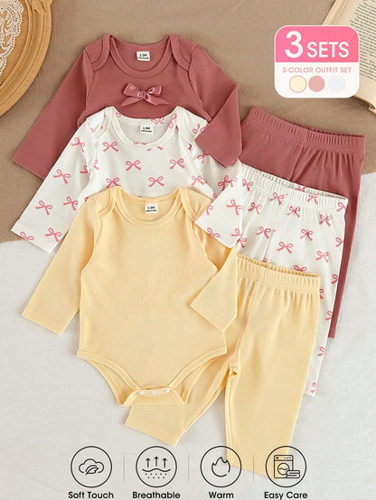 Vintaside Kids Newborn Autumn Long Sleeve Bodysuit Multi-Piece Set, Baby Ribbed Romper With Casual Long Pants, Sweet Bow Print Infant Clothing, Simple Versatile Daily Wear Outfit Set, Multi-Piec