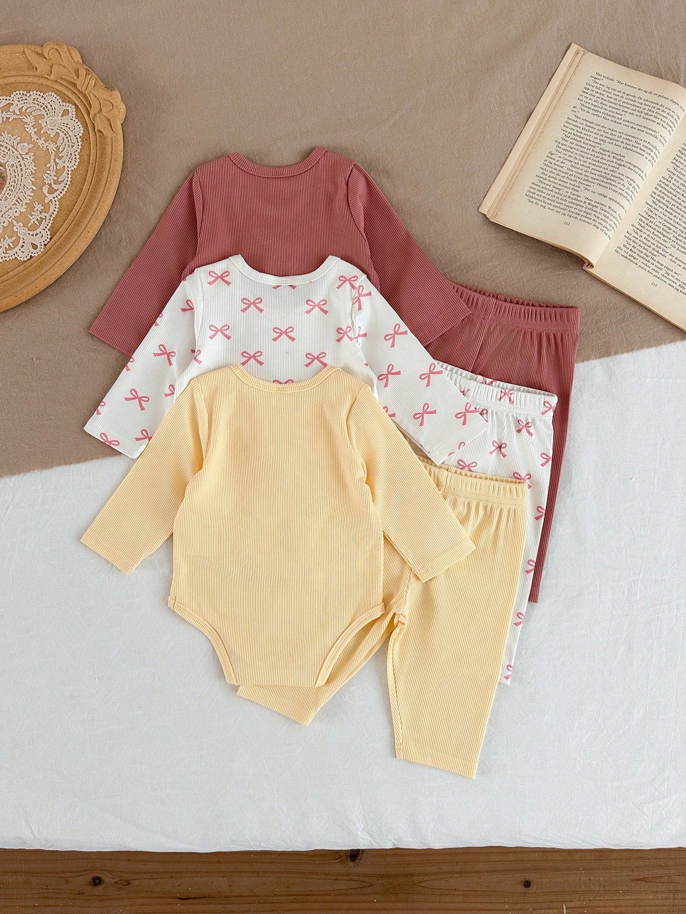 Vintaside Kids Newborn Autumn Long Sleeve Bodysuit Multi-Piece Set, Baby Ribbed Romper With Casual Long Pants, Sweet Bow Print Infant Clothing, Simple Versatile Daily Wear Outfit Set, Multi-Piec