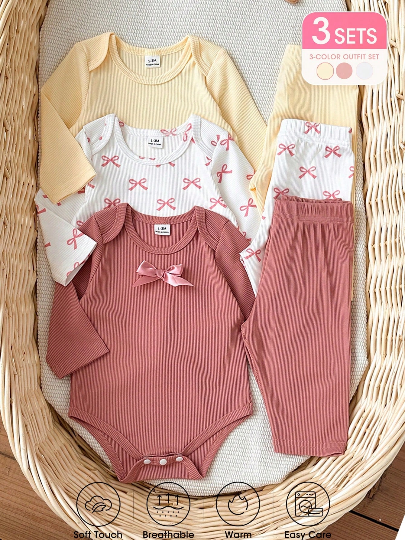 Vintaside Kids Newborn Autumn Long Sleeve Bodysuit Multi-Piece Set, Baby Ribbed Romper With Casual Long Pants, Sweet Bow Print Infant Clothing, Simple Versatile Daily Wear Outfit Set, Multi-Piec
