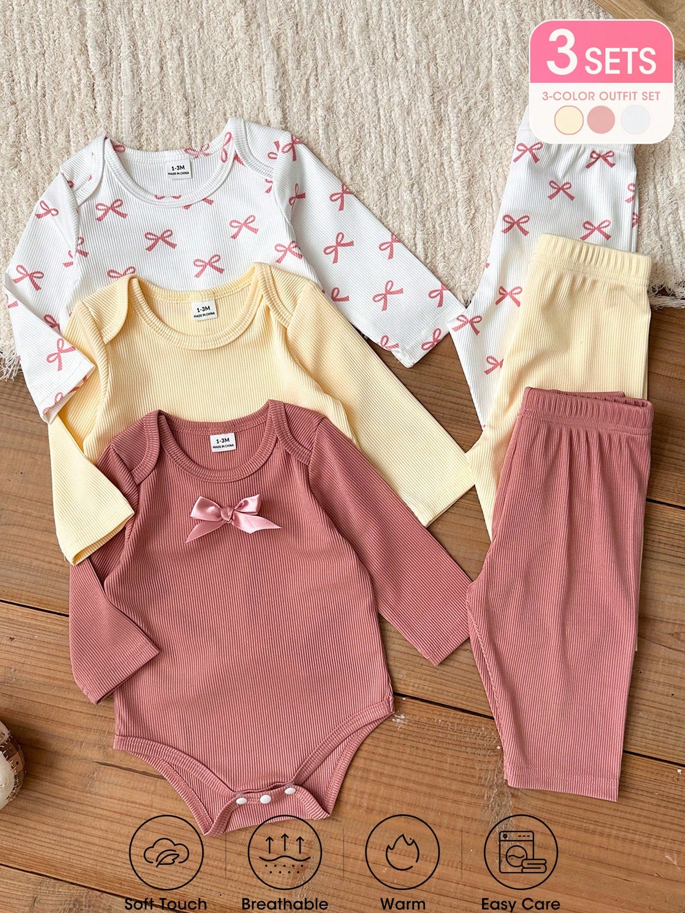 Vintaside Kids Newborn Autumn Long Sleeve Bodysuit Multi-Piece Set, Baby Ribbed Romper With Casual Long Pants, Sweet Bow Print Infant Clothing, Simple Versatile Daily Wear Outfit Set, Multi-Piec