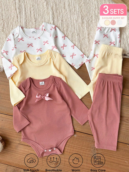 Vintaside Kids Newborn Autumn Long Sleeve Bodysuit Multi-Piece Set, Baby Ribbed Romper With Casual Long Pants, Sweet Bow Print Infant Clothing, Simple Versatile Daily Wear Outfit Set, Multi-Piec