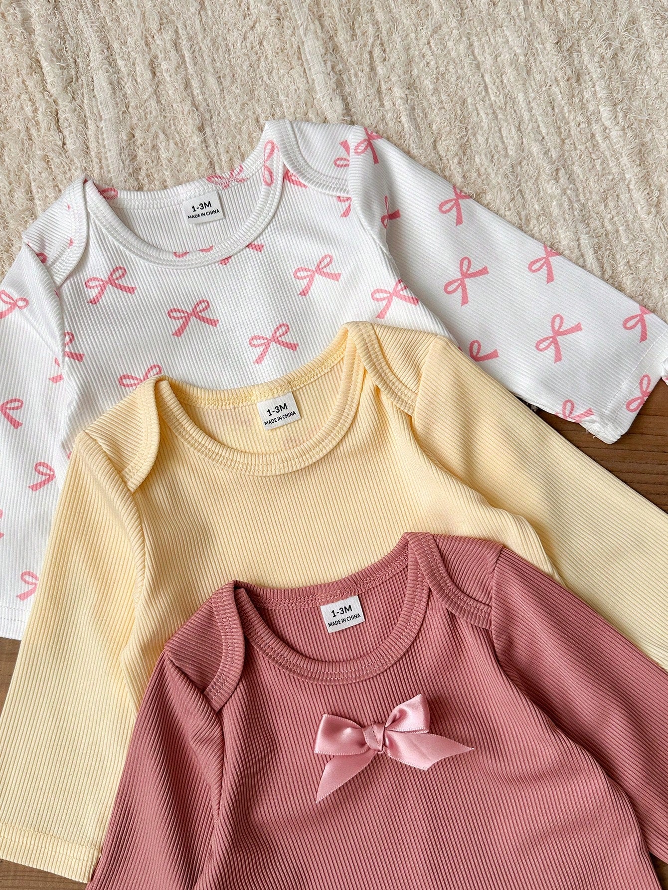 Vintaside Kids Newborn Autumn Long Sleeve Bodysuit Multi-Piece Set, Baby Ribbed Romper With Casual Long Pants, Sweet Bow Print Infant Clothing, Simple Versatile Daily Wear Outfit Set, Multi-Piec