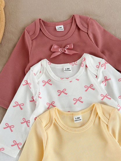 Vintaside Kids Newborn Autumn Long Sleeve Bodysuit Multi-Piece Set, Baby Ribbed Romper With Casual Long Pants, Sweet Bow Print Infant Clothing, Simple Versatile Daily Wear Outfit Set, Multi-Piec