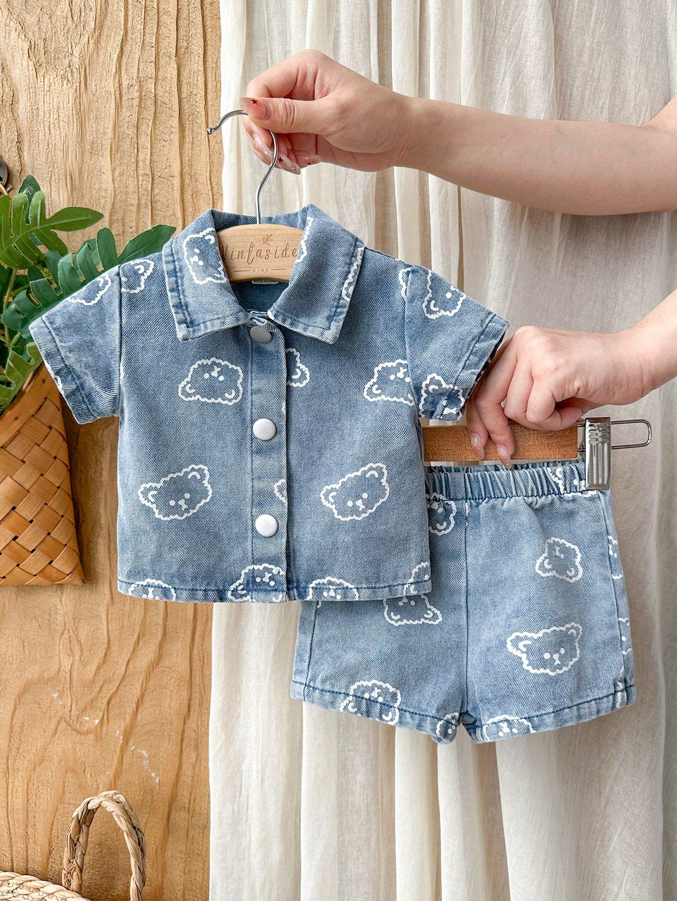 Vintaside Kids Newborn Cute Bear Head Print Soft Denim Collared 2 Pieces Set, Casual & Fashionable Summer Outfit