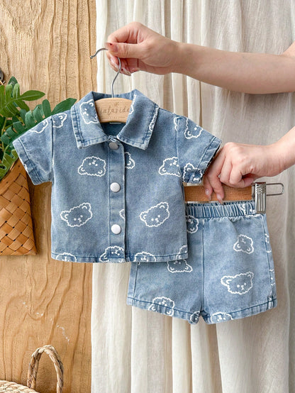 Vintaside Kids Newborn Cute Bear Head Print Soft Denim Collared 2 Pieces Set, Casual & Fashionable Summer Outfit