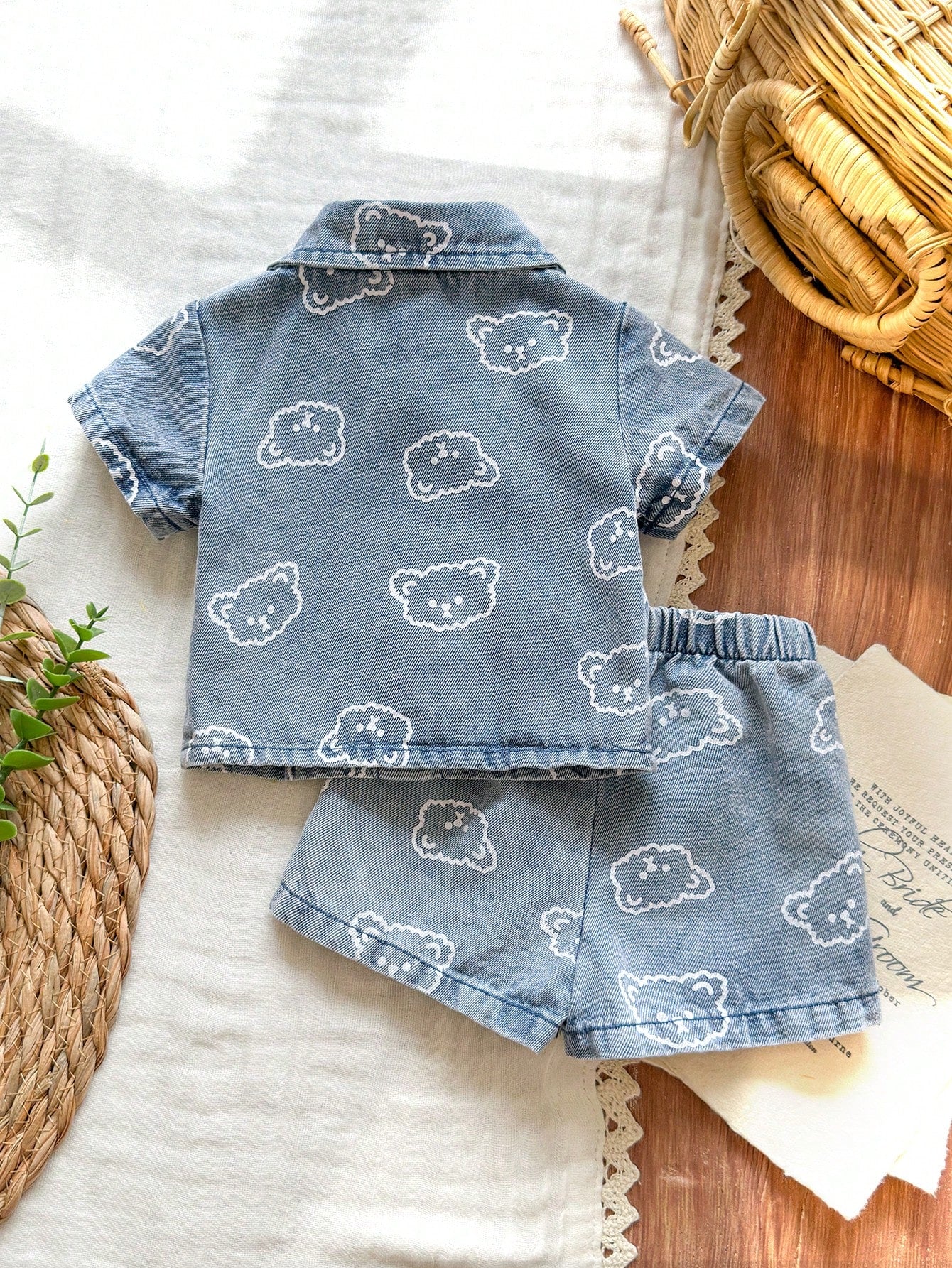 Vintaside Kids Newborn Cute Bear Head Print Soft Denim Collared 2 Pieces Set, Casual & Fashionable Summer Outfit