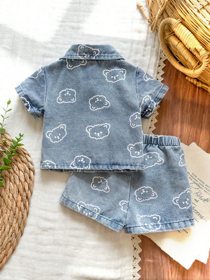Vintaside Kids Newborn Cute Bear Head Print Soft Denim Collared 2 Pieces Set, Casual & Fashionable Summer Outfit