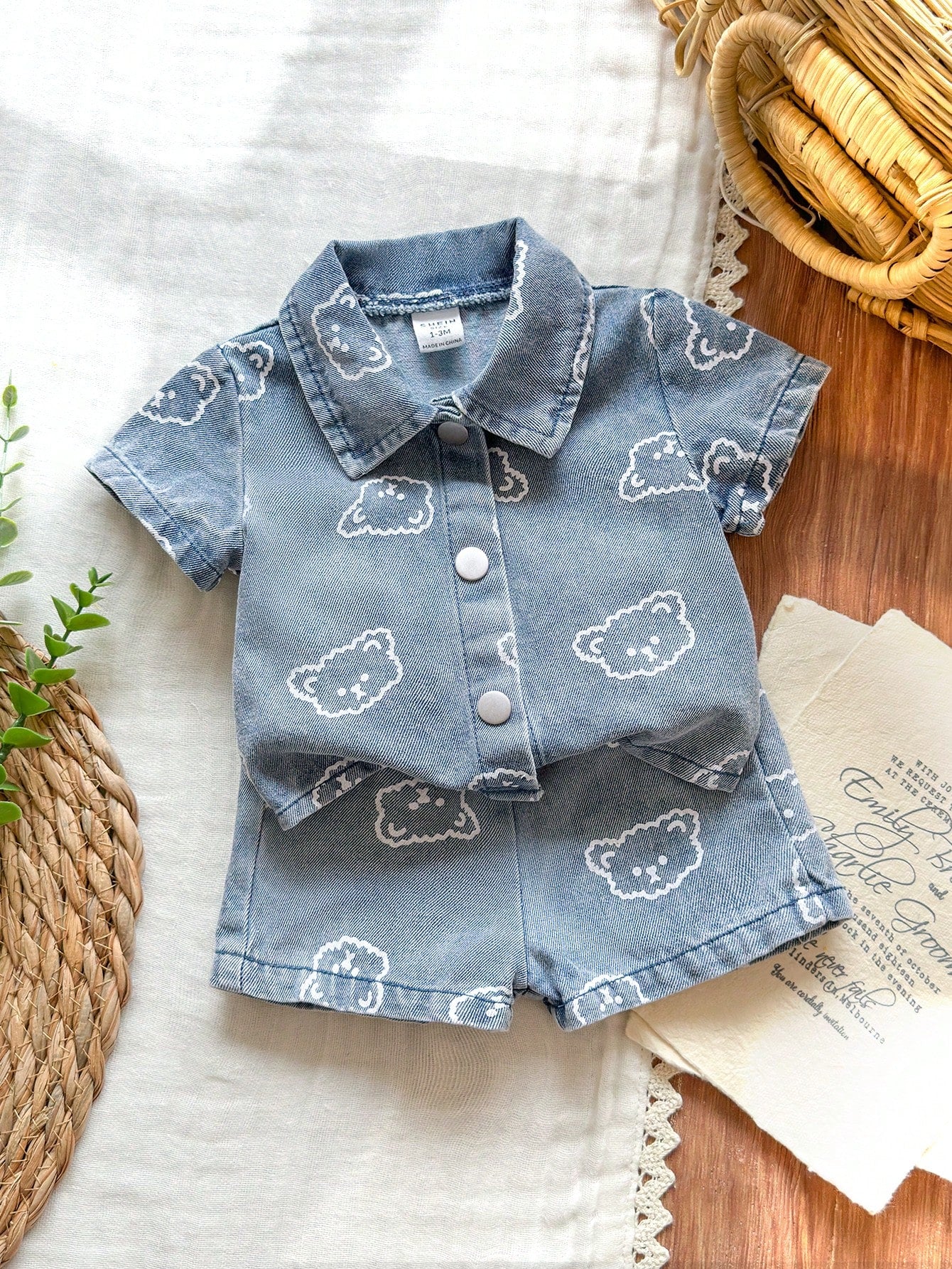 Vintaside Kids Newborn Cute Bear Head Print Soft Denim Collared 2 Pieces Set, Casual & Fashionable Summer Outfit