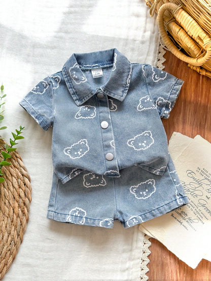 Vintaside Kids Newborn Cute Bear Head Print Soft Denim Collared 2 Pieces Set, Casual & Fashionable Summer Outfit